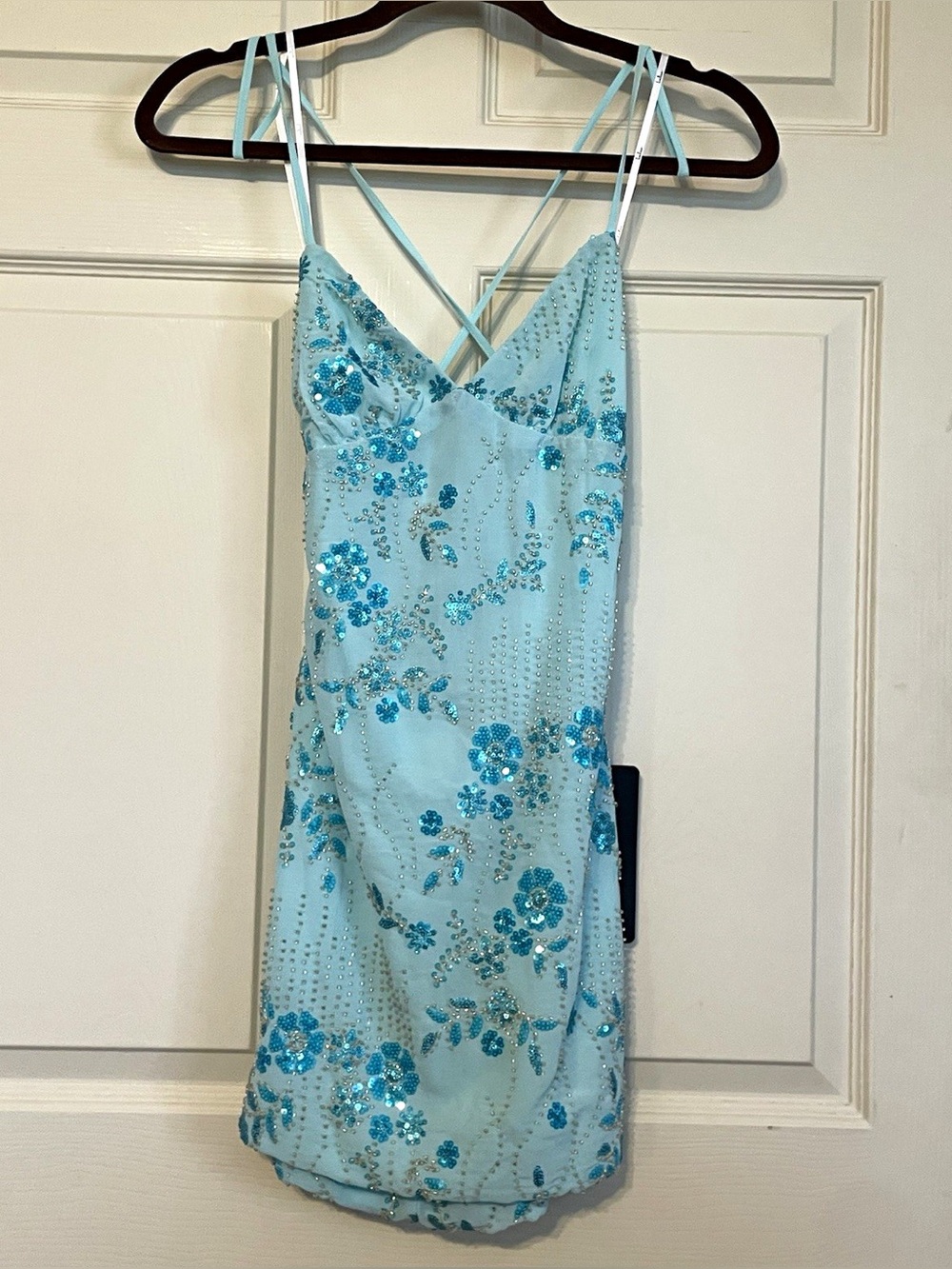 Lulus Blue Floral Sequin Beaded V-Neck Strappy Tie Back Mini Dress M